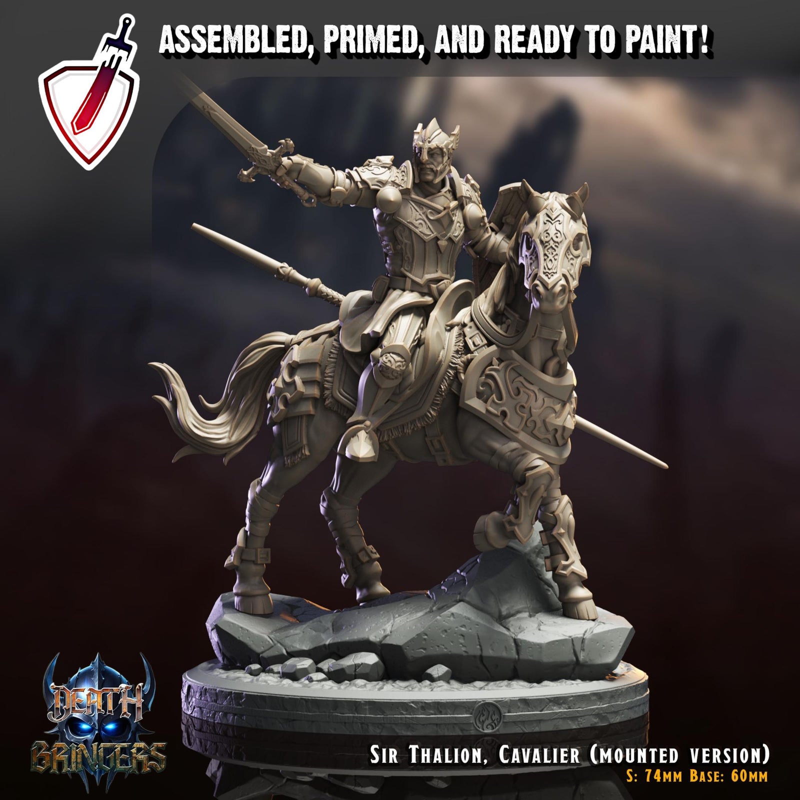Sir Thalion, Mounted| Miniature by Crippled God Foundry | Resin Mini For Tabletop Gaming, D&D, Pathfinder, Painting | Assembled and Primed