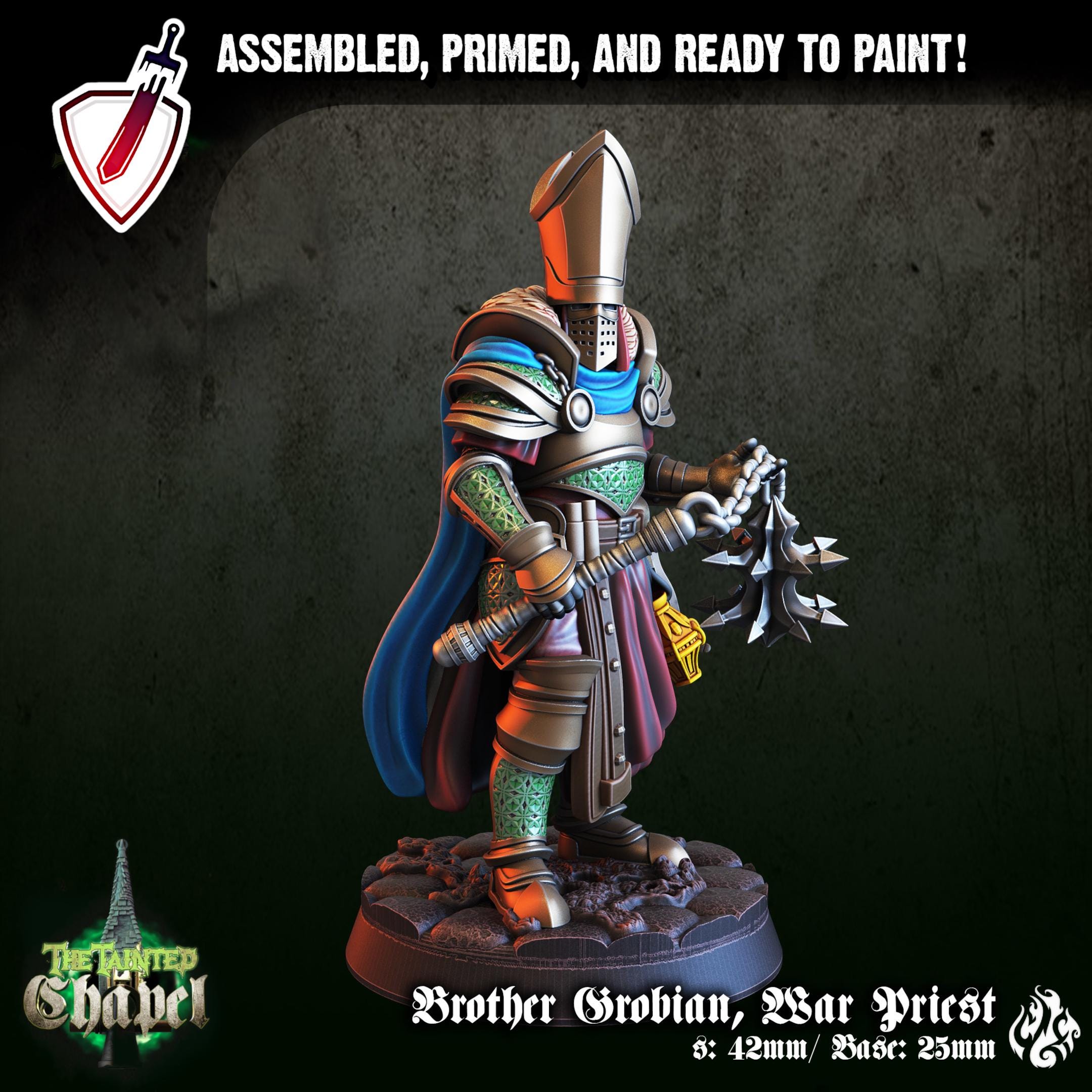Brother Grobian, War Priest | Miniature by Crippled God Foundry | For Tabletop Gaming, D&D, Pathfinder, and Painting | Assembled and Primed