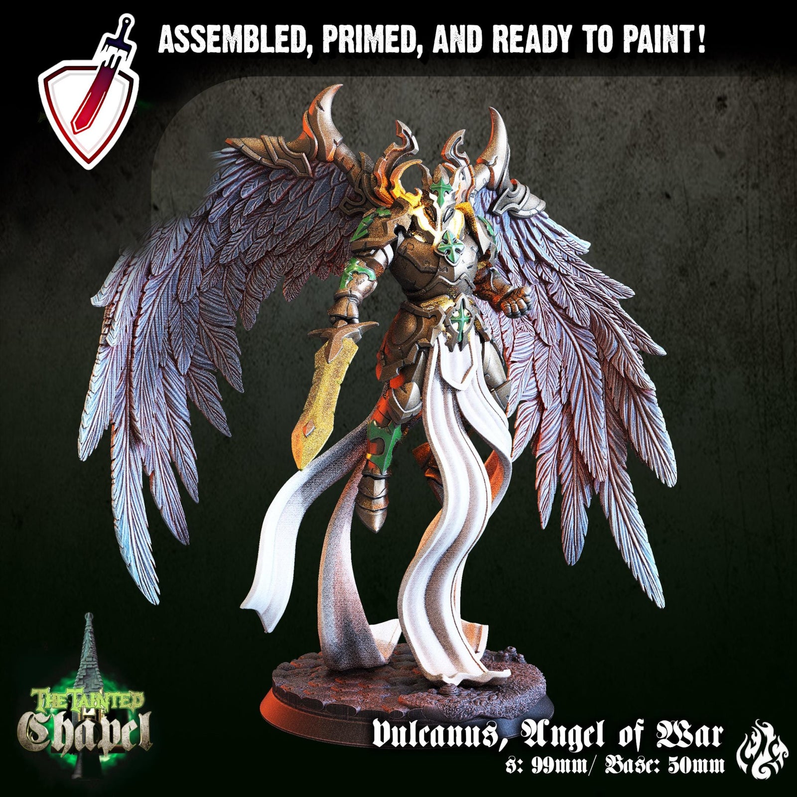 Vulcanus, Angel of War | Miniature by Crippled God Foundry | For Tabletop Gaming, D&D, Pathfinder, Painting | Assembled and Primed