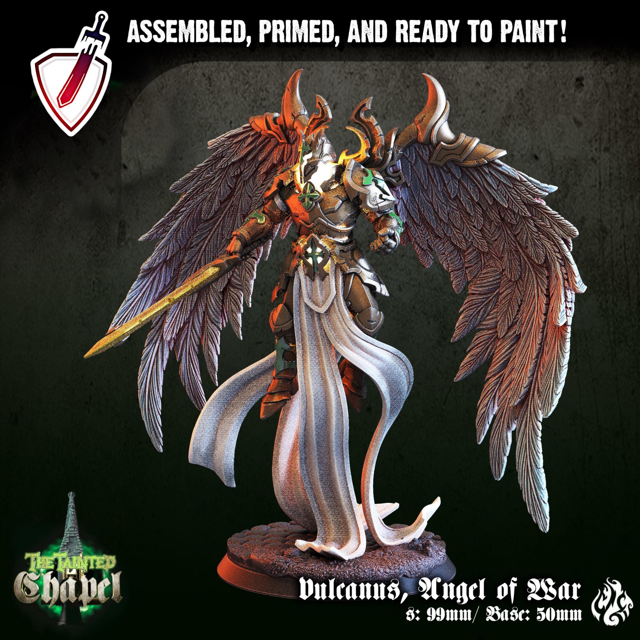 Vulcanus, Angel of War | Miniature by Crippled God Foundry | For Tabletop Gaming, D&D, Pathfinder, Painting | Assembled and Primed