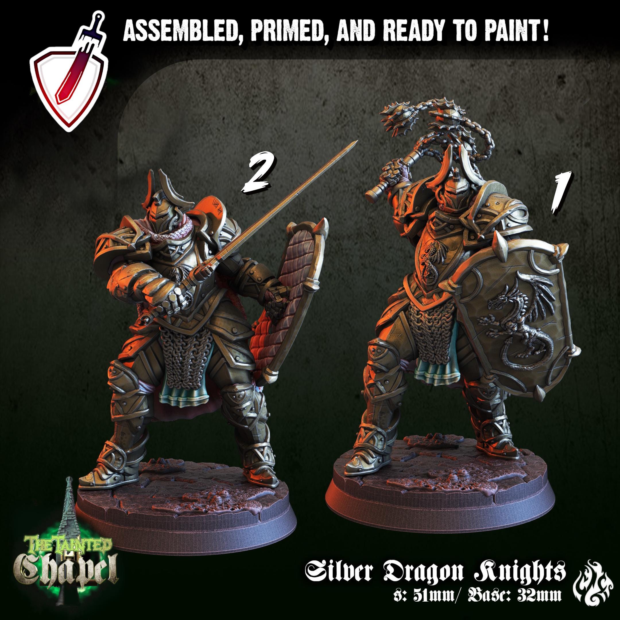 Silver Dragon Knights | Miniatures by Crippled God Foundry | For Tabletop Gaming, D&D, Pathfinder, and Painting | Assembled and Primed