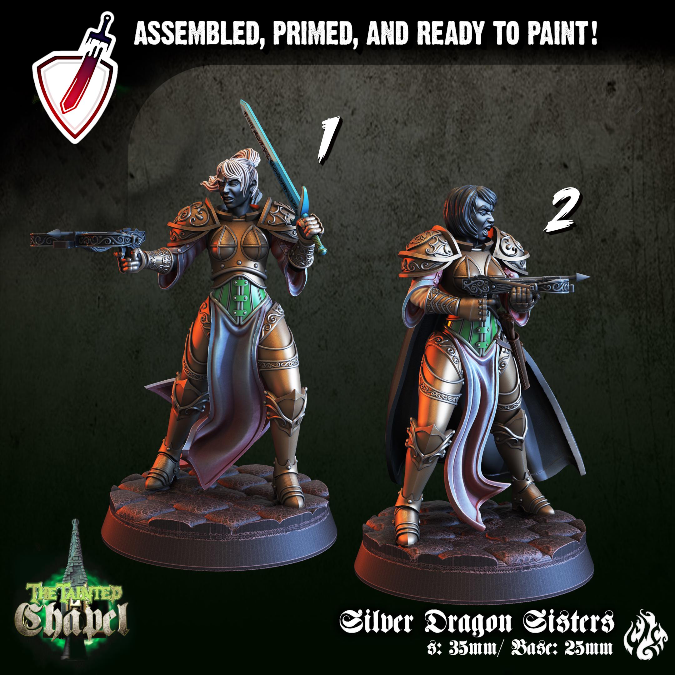 Silver Dragon Sisters | Miniatures by Crippled God Foundry | For Tabletop Gaming, D&D, Pathfinder, and Painting | Assembled and Primed