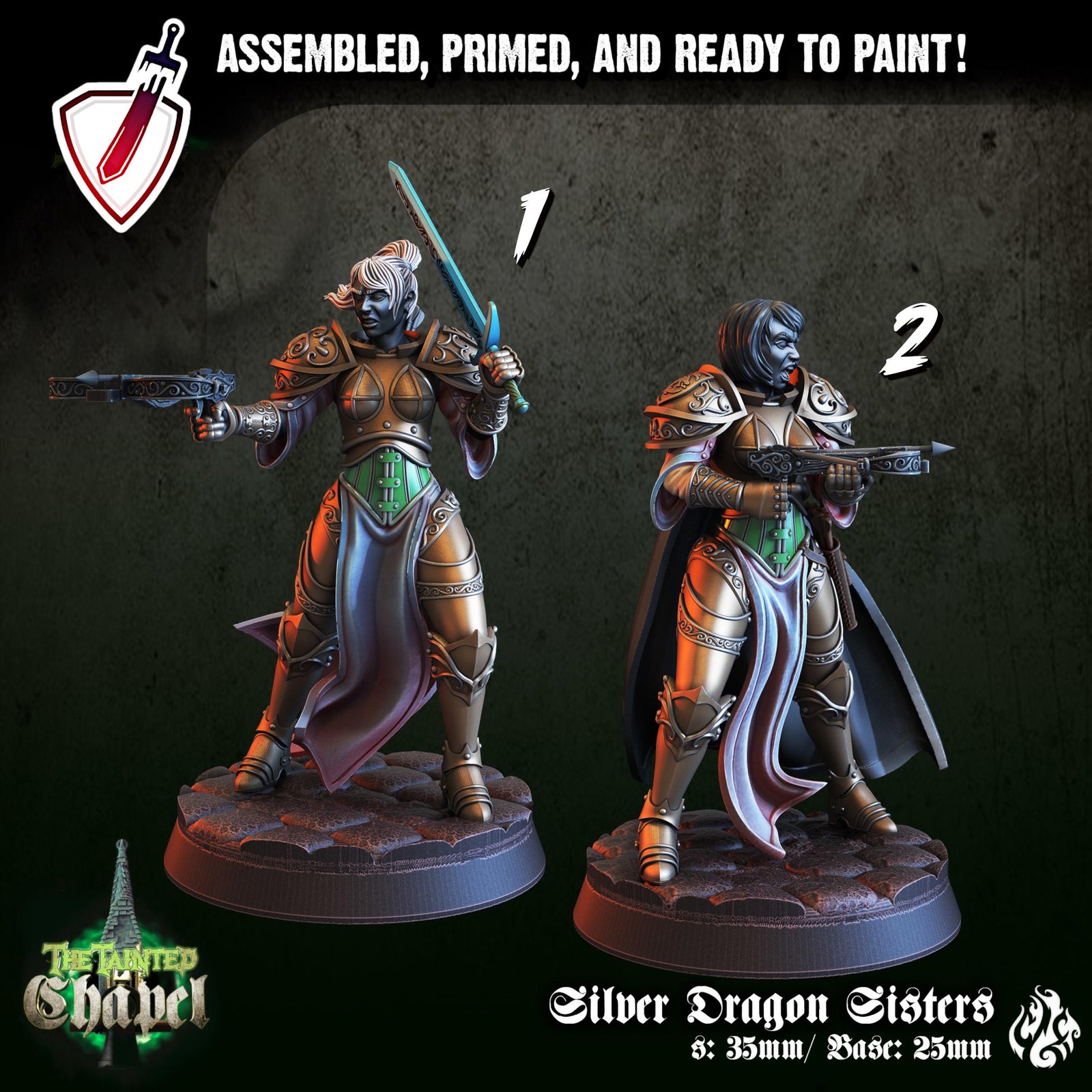 Silver Dragon Sisters | Miniatures by Crippled God Foundry | For Tabletop Gaming, D&D, Pathfinder, and Painting | Assembled and Primed