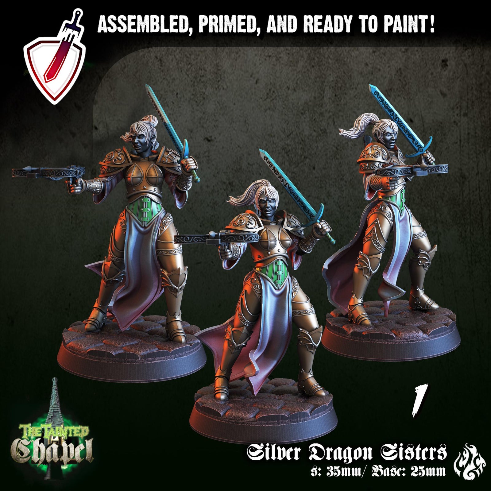 Silver Dragon Sisters | Miniatures by Crippled God Foundry | For Tabletop Gaming, D&D, Pathfinder, and Painting | Assembled and Primed