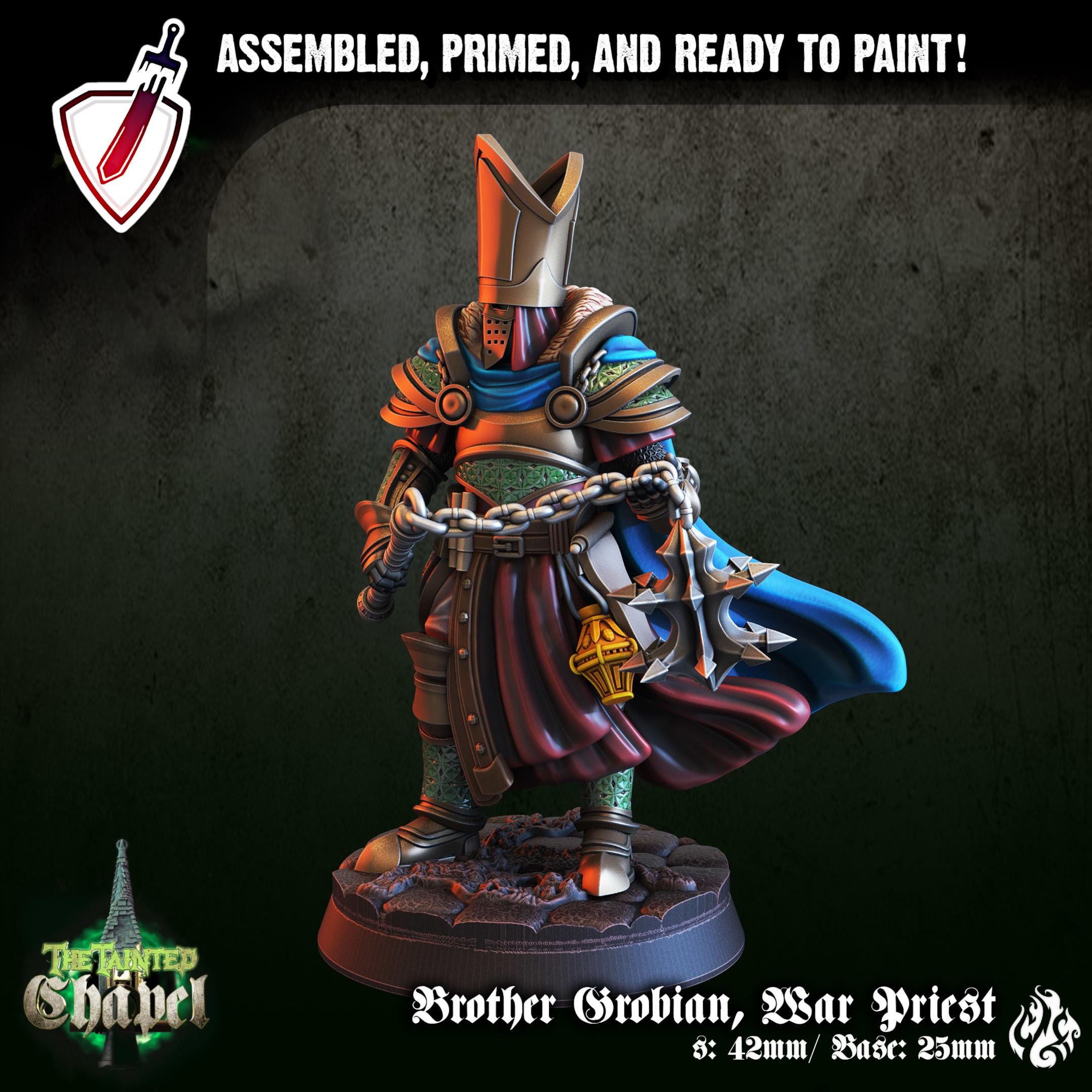 Brother Grobian, War Priest | Miniature by Crippled God Foundry | For Tabletop Gaming, D&D, Pathfinder, and Painting | Assembled and Primed