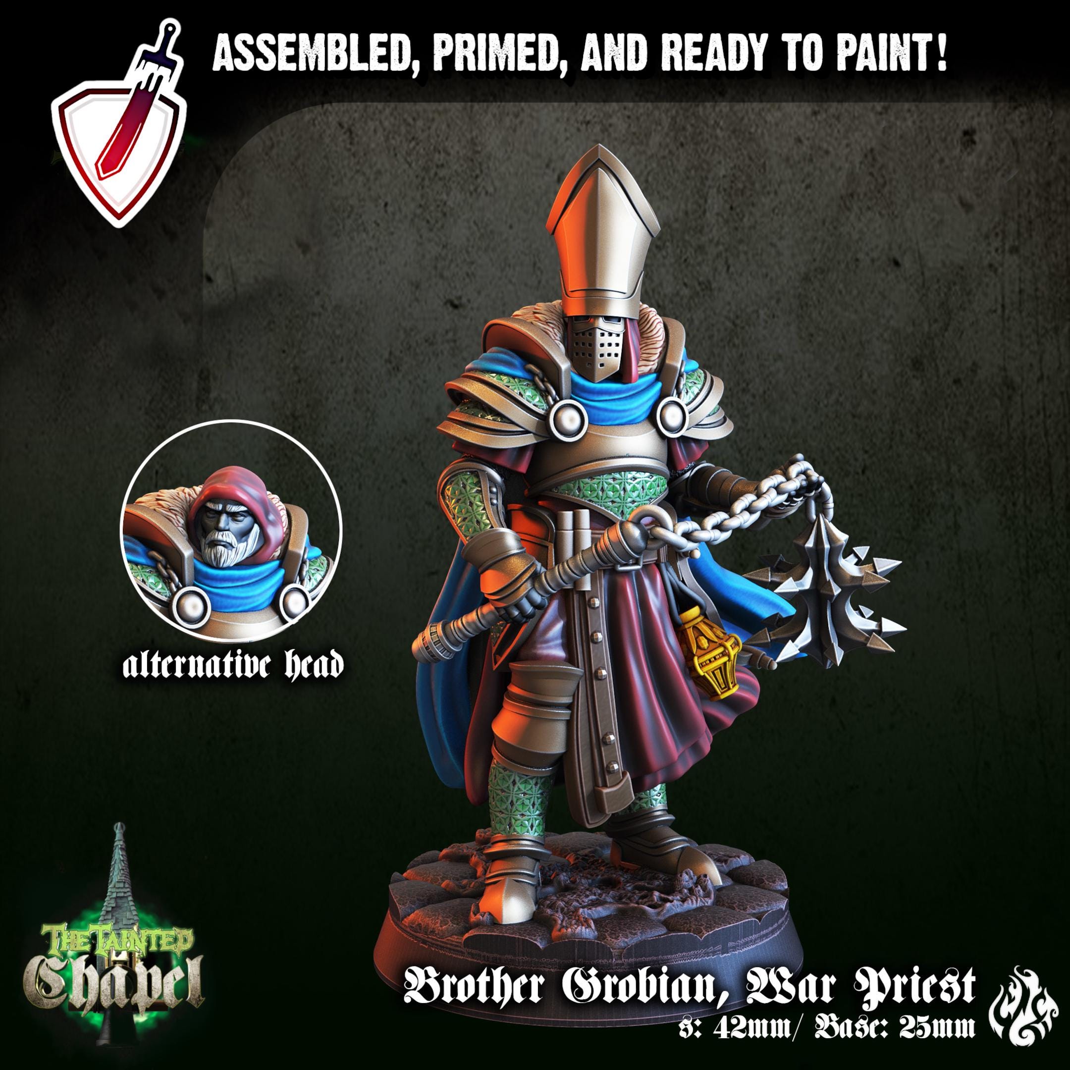 Brother Grobian, War Priest | Miniature by Crippled God Foundry | For Tabletop Gaming, D&D, Pathfinder, and Painting | Assembled and Primed