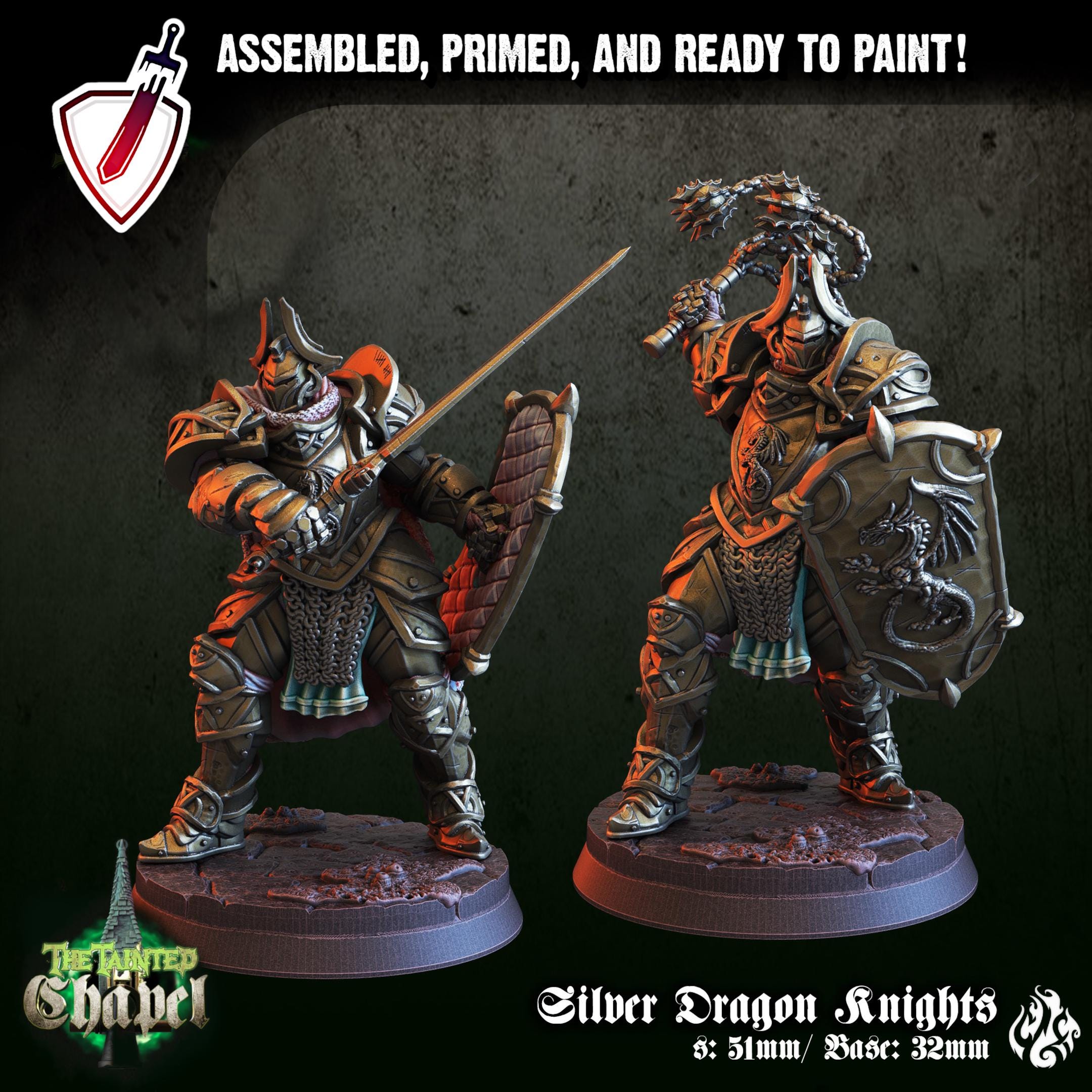Silver Dragon Knights | Miniatures by Crippled God Foundry | For Tabletop Gaming, D&D, Pathfinder, and Painting | Assembled and Primed