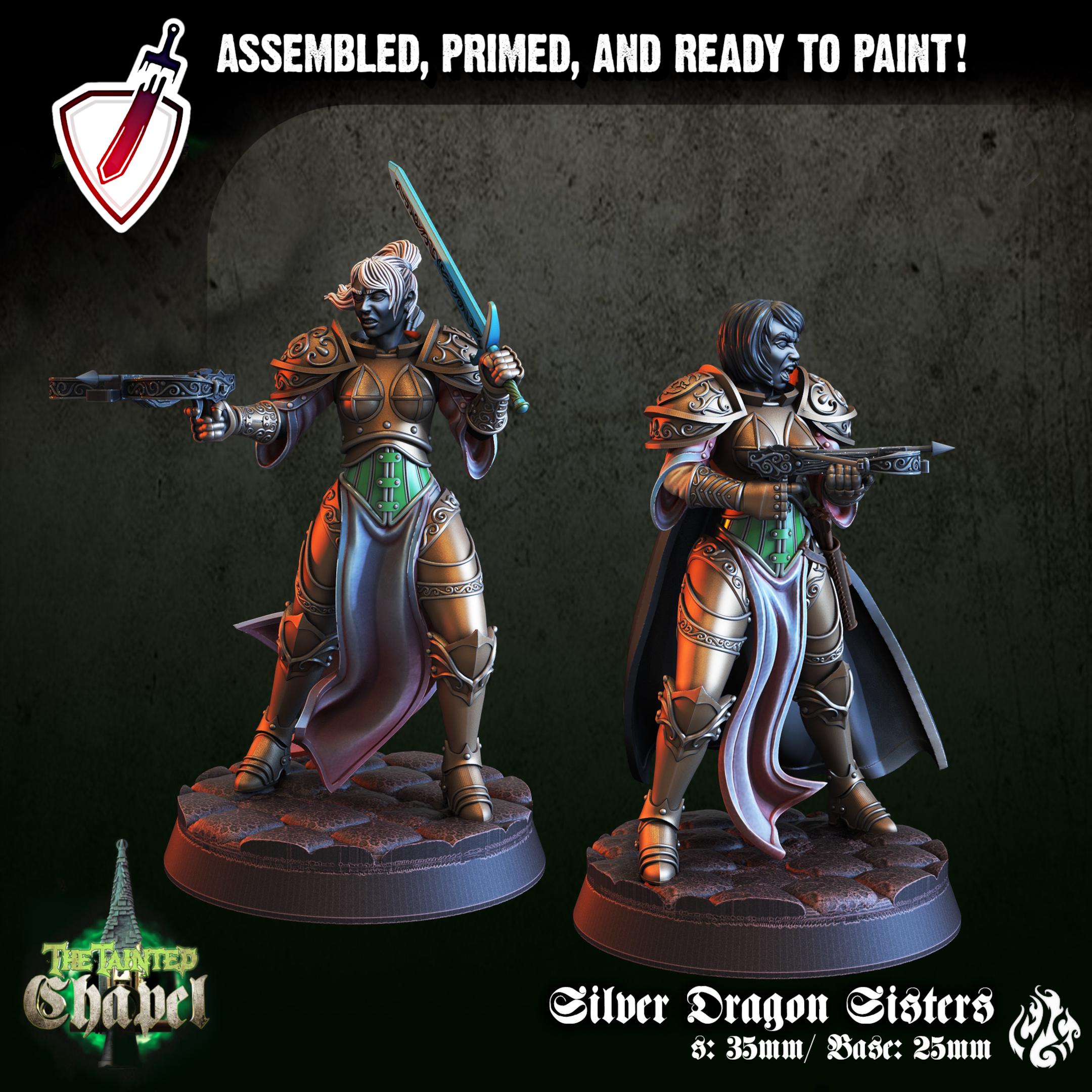 Silver Dragon Sisters | Miniatures by Crippled God Foundry | For Tabletop Gaming, D&D, Pathfinder, and Painting | Assembled and Primed