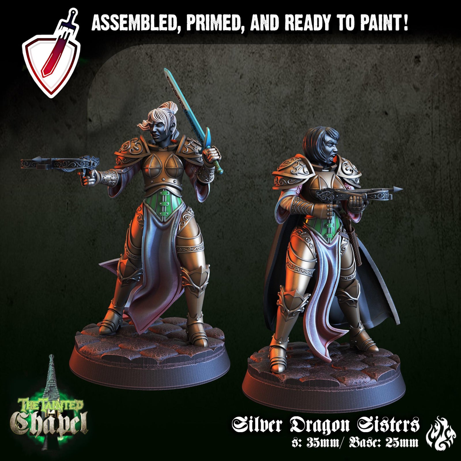 Silver Dragon Sisters | Miniatures by Crippled God Foundry | For Tabletop Gaming, D&D, Pathfinder, and Painting | Assembled and Primed