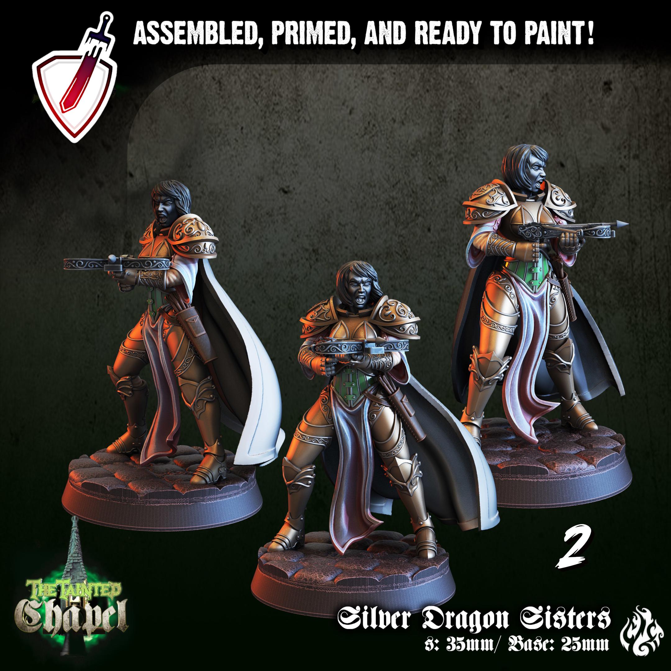 Silver Dragon Sisters | Miniatures by Crippled God Foundry | For Tabletop Gaming, D&D, Pathfinder, and Painting | Assembled and Primed