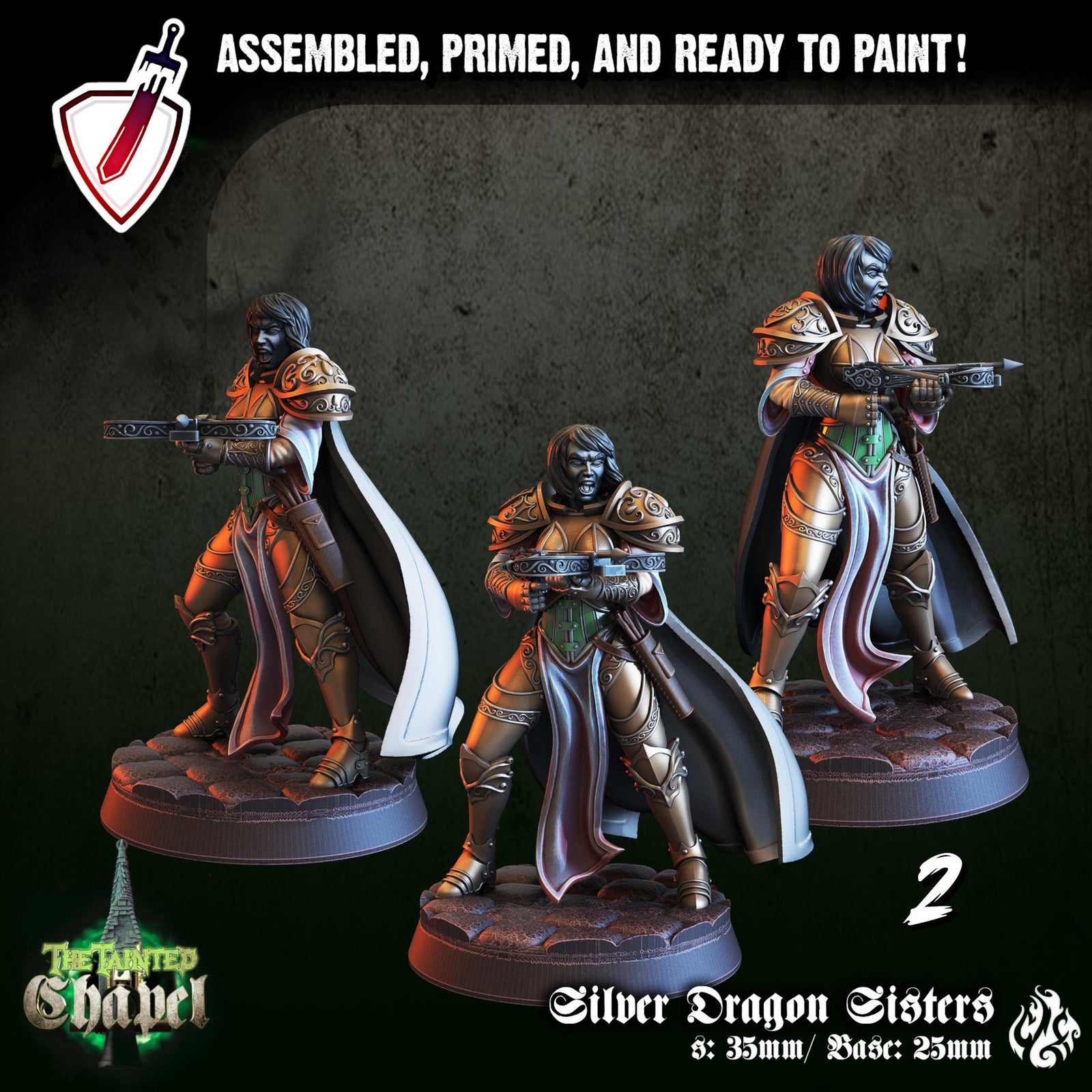 Silver Dragon Sisters | Miniatures by Crippled God Foundry | For Tabletop Gaming, D&D, Pathfinder, and Painting | Assembled and Primed