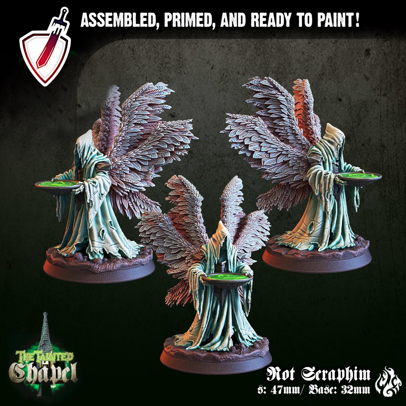 Tainted High Priest & Rot Seraphim | Miniatures by Crippled God Foundry | For Tabletop Gaming, RPGs, and Painting | Assembled and Primed