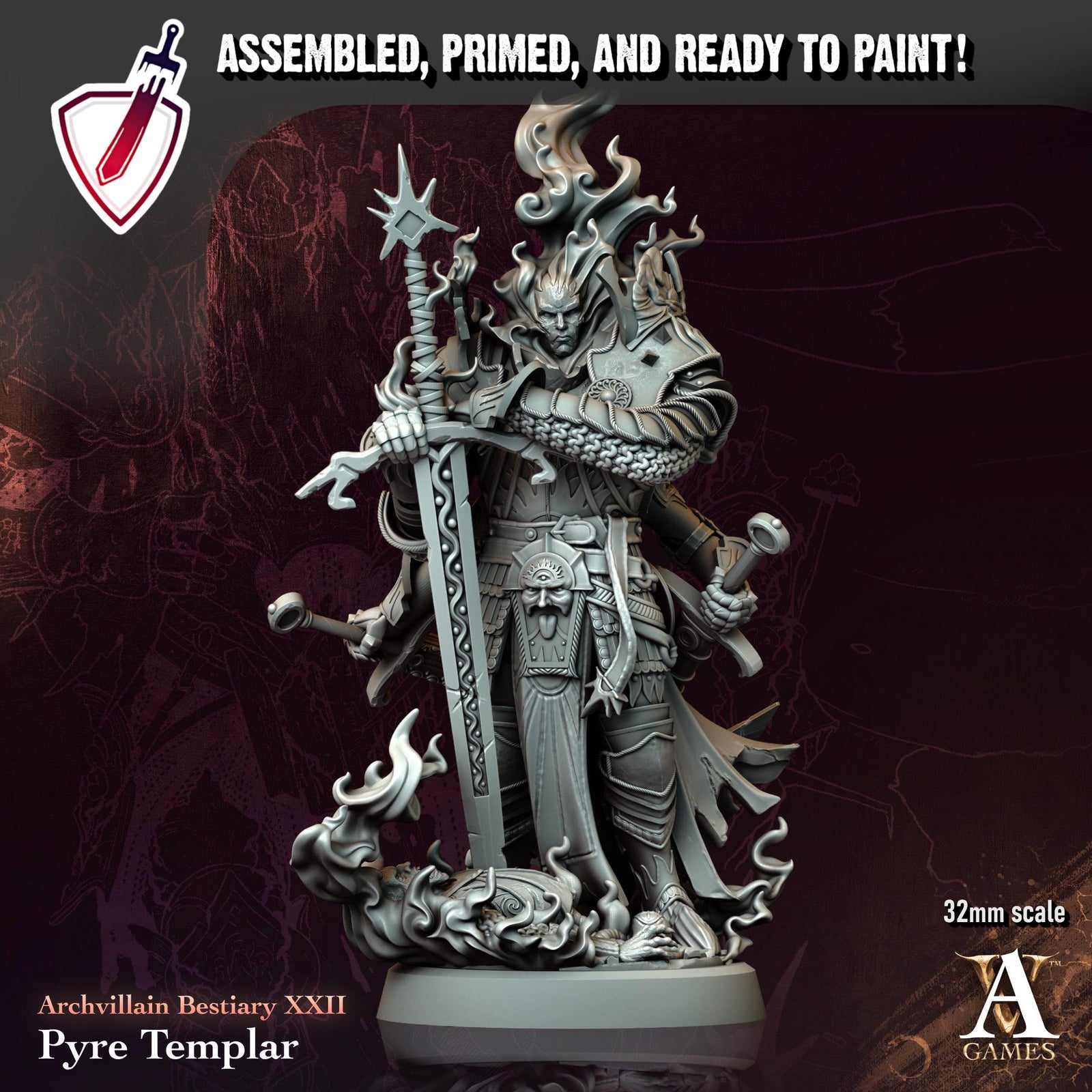 Pyre Templar | Resin Miniature by Archvillain Games | For Tabletop Gaming, D&D, Pathfinder, and Painting | Assembled and Primed