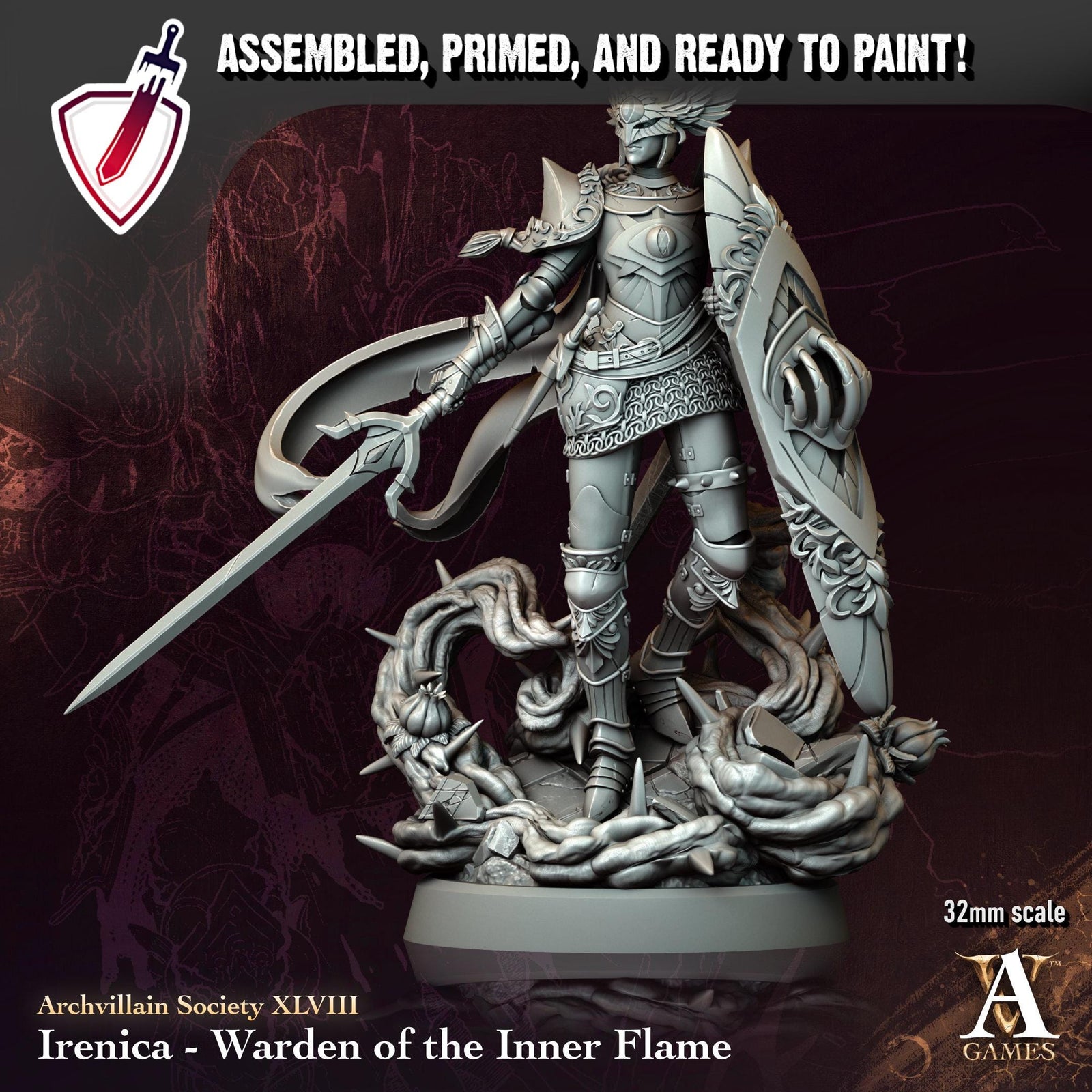 Irenica - Flame Warden | Resin Miniature by Archvillain Games | For Tabletop Gaming, D&D, Pathfinder, and Painting | Assembled and Primed
